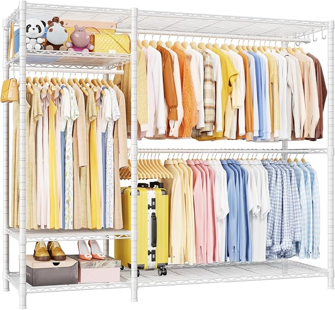 Ulif F7 Plus Clothes Rack, Clothing Racks for Hanging Clothes, White | Heavy Duty Garment Rack, 6-Tiers Freestanding Portable Closet Storage Racks 68'' W × 14.6'' D × 76.6'' H, Max Load 850 Lbs