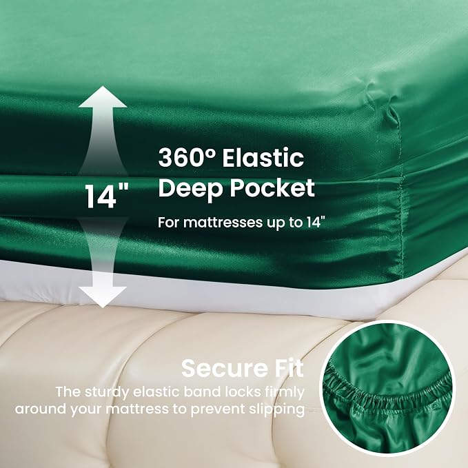 Love's cabin Twin Satin Sheet Set - 3 Piece Dark Green Silky Bed Sheets with Deep Pockets, Luxury Silk Feel Satin Twin Size Sheet Set Bedding Set (1 Flat Sheet,1 Fitted Sheet,1 Pillow case)