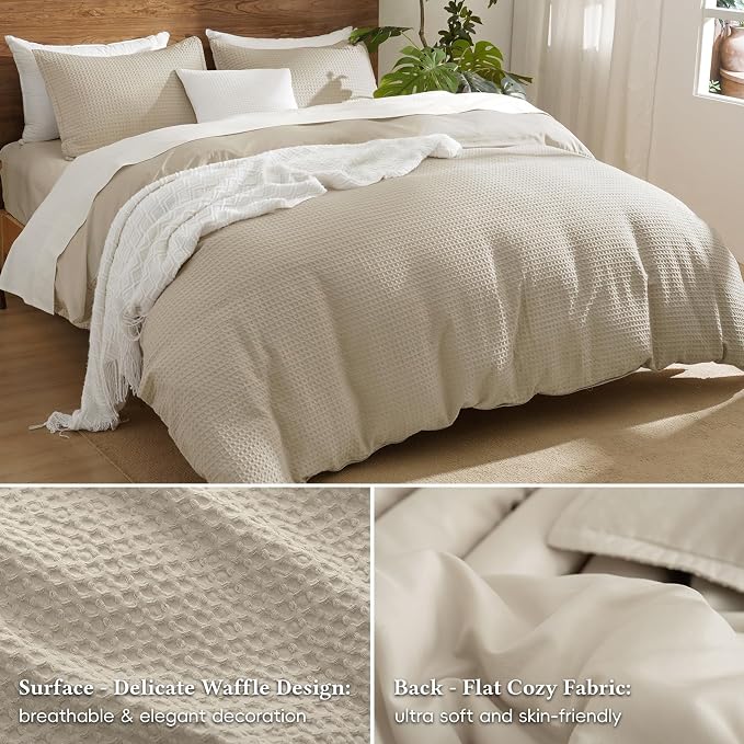 David's Home Soft Textured Waffle Weave Duvet Cover Set, Twin Size, Natural | Breathable Cozy for All Season, 300GSM, 2PCS Home Bedding Decor, OEKO-TEX Certified, Hidden Zipper, 6 Corner Ties, 68" X 90"