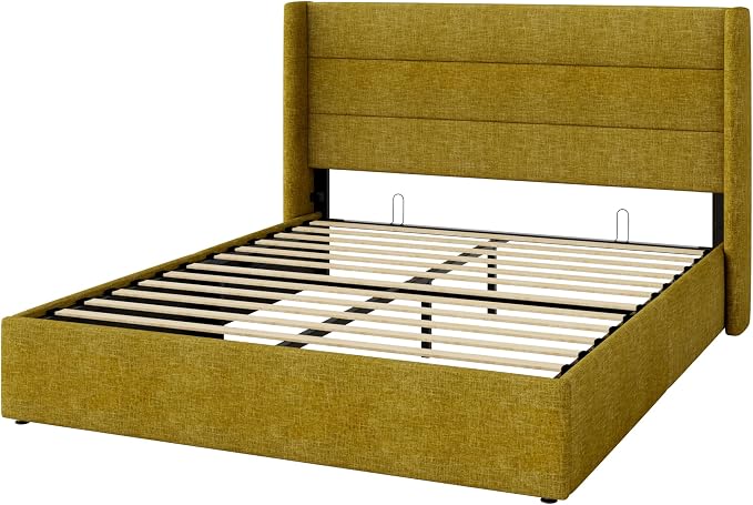 Allewie Queen Size Lift Up Hydraulic Storage Bed Frame Olive Yellow | Modern Wingback Headboard, Hydraulic Support Storage, No Box Spring Needed