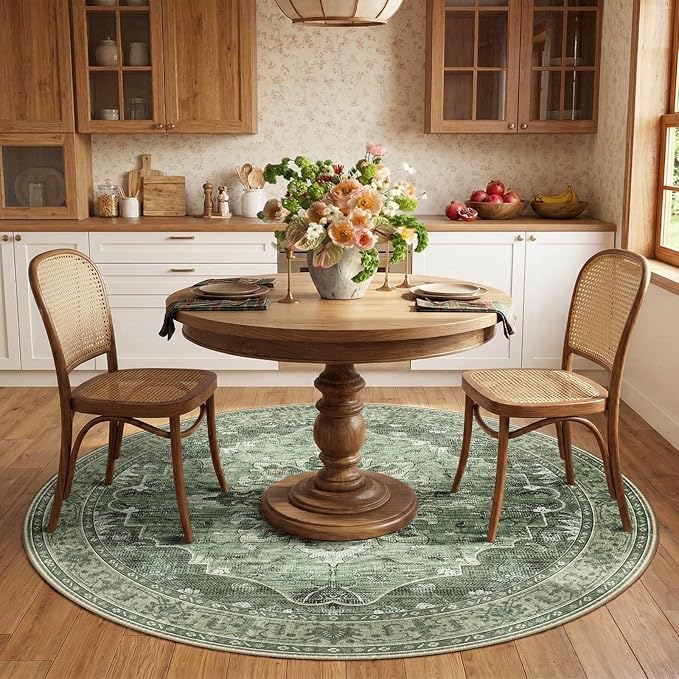 RELEANY Washable Area Rug, Round 6ft, Green/Dark Green/Gray | Non-Slip, Water Repellent, Pet Friendly, Easy to Clean, Vintage Floral Boho Decor for Living Room Bedroom Dining Room