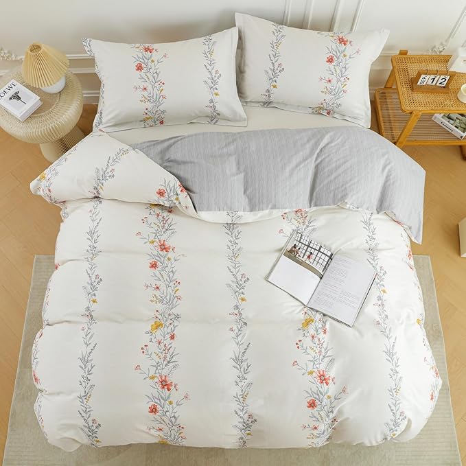 OAITE Twin Duvet Cover Set 3pcs 100% Cotton with Wildflower Stripe | Floral Pattern,Soft, Breathable,Long-lasting,Comfort,Hidden Zipper,8 Corner Ties,Easy Care for All Season