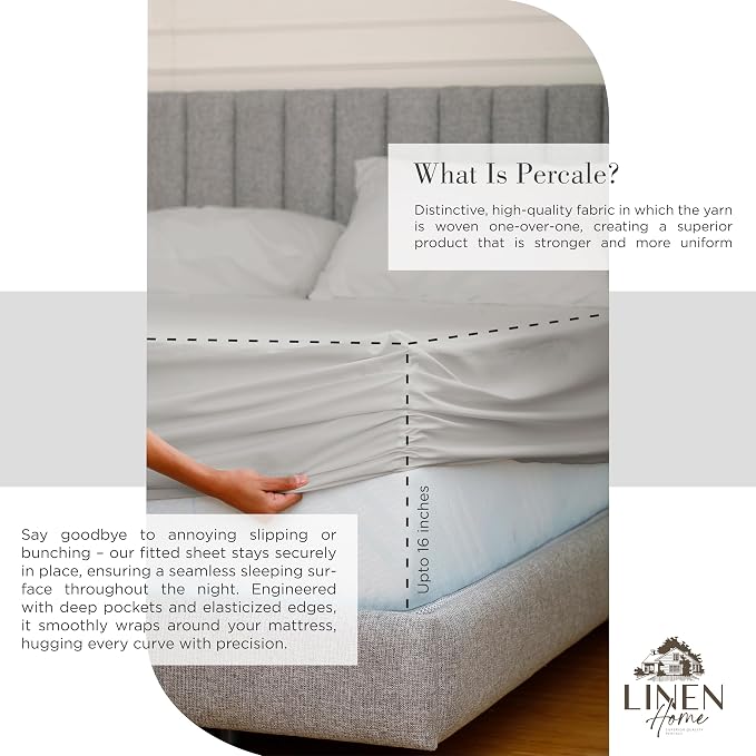 Linen Home 2-Pack Full Sheet Set, 100% Cotton Percale Bedding, 8-Piece Value Bundle, Deep Pocket Cooling Bed Sheets for Hot Sleepers, Breathable & Crisp Hotel Quality, Long-Staple Cotton, Silver
