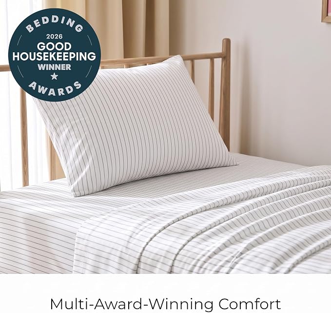 Mellanni Iconic 3-Piece, Ultra Soft Sheet Set (Twin XL, Pinstripe Gray) | 10M+ Sleepers. Lab-tested: Sleeps Cool, Stays Bright, Strong, Smooth. Good Housekeeping Best Bedding, 7 yrs running.