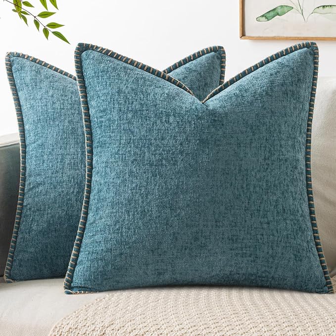 MIULEE Decorative Couch Throw Pillow Covers 18x18 Inch Smoke Blue 2 Pack | Farmhouse Pillow Covers with Stitched Edge, Soft Chenille Cushion Cases, for Sofa Bed Living Room Home Decor