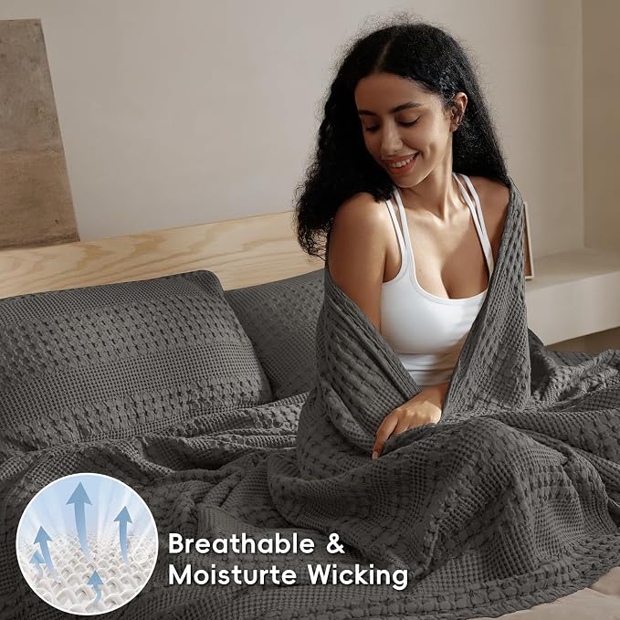 PHF Lightweight 100% Cotton Waffle Blanket for Bed, Queen, Charcoal Grey | Pre-Washed Soft Cotton Comfort, Breathable Layering Warmth for Fall & Winter, Bed, Sofa, Couch, Home Decor & Gifts
