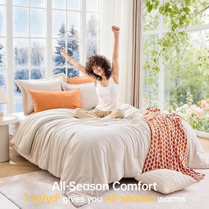 Beige Full Comforter Sets, All Season Ultra Soft Down Alternative Bedding - 3 Piece Lightweight Bed Set Includes 1 Comforter (82"x86") and 2 Pillow Shams (20"x26")