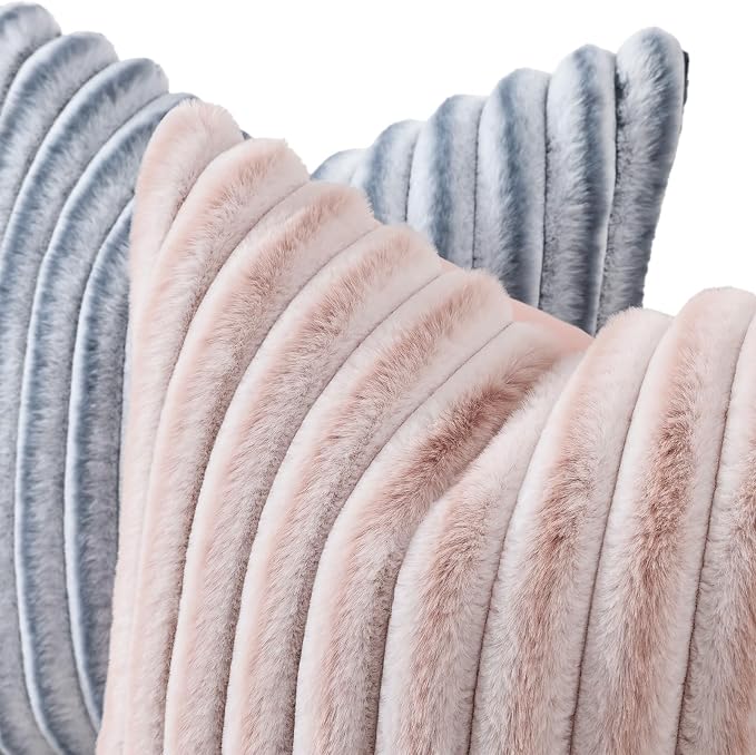 decorUhome Fall Faux Fur Throw Pillow Covers 24x24 Set of 2 Pink White | Decorative Soft Cozy Striped Plush Modern Farmhouse Boho Couch Pillow Cases Velvet Back for Sofa Bed Living Room Home Decor