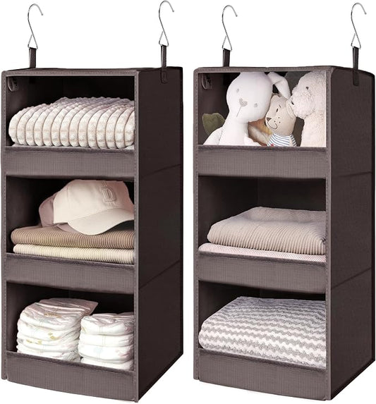 GRANNY SAYS 3-Shelf Hanging Closet Organizer, Foldable Storage, Dark Brown | 33 lb Capacity, No-Sag Support, Keeps Clothes Neat, Folds Flat, Fits RV, Dorm & Small Closets, 2 Pack