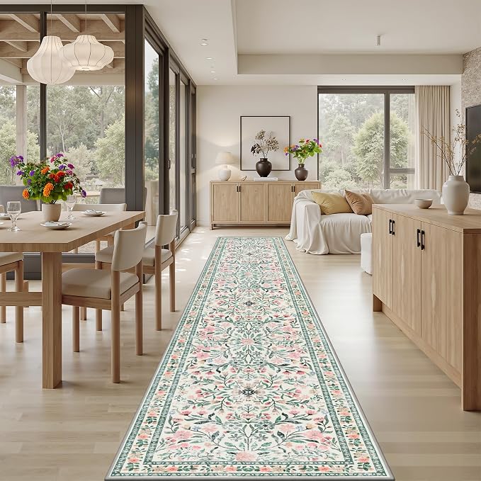 PLHXFR 2.6x14 Washable Runner Rug：Floral Indoor Kitchen Carpet Green Beige | For Hallway Bedroom Kitchen Laundry Bathroom Dorm,Vintage Floral,Machine washable,Non Slip,Stain Resistant,Indoor Floor