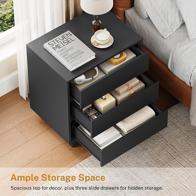 TEENFON Nightstands Set of 2, Night Stand with 3 Drawers, Nightstand Side Table with Cut-Out Handle, Bedside End Table for Bedroom, Black, 17.7″ L × 15.7″ W × 23.6″ H