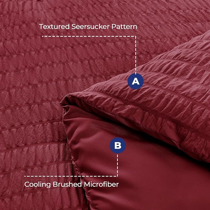 HYMOKEGE Burgundy California King Comforter Set Seersucker 7 Pieces, All Season Luxury Bed in a Bag for Bedroom, Bedding Set with Comforters, Sheets, Pillowcases & Shams