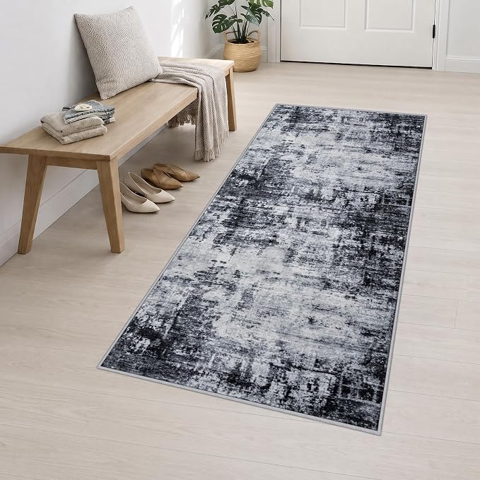 3x8 Washable Runner Rug：Modern Abstract Soft Carpet Dark Black | For Hallway, Bedroom, Kitchen, Laundry, Bathroom,Door Mat,Modern Abstract,Machine washable,Non-Slip,Stain Resistant,Indoor