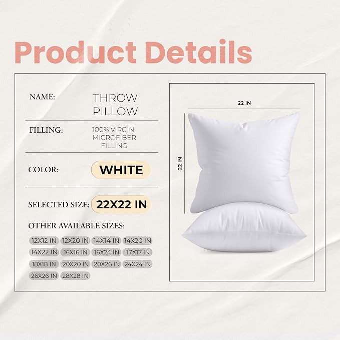 Utopia Bedding 22x22 Pillow Inserts, White Throw Pillows for Couch, 2 Pack | 100% Virgin Filling, Indoor Cushion Inserts for bed, sofa & couch, Extra Filled, Supportive & Fluffy Decorative Pillows
