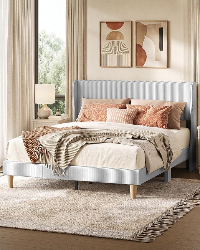 Bestier Queen Bed Frame with Wingback Headboard,Upholstered,Light Grey | No Squeaks,Easy Assembly,Wingback Headboard,Vertical Channel Corduroy Upholstered,Wooden Slats Support,No Box Spring Needed