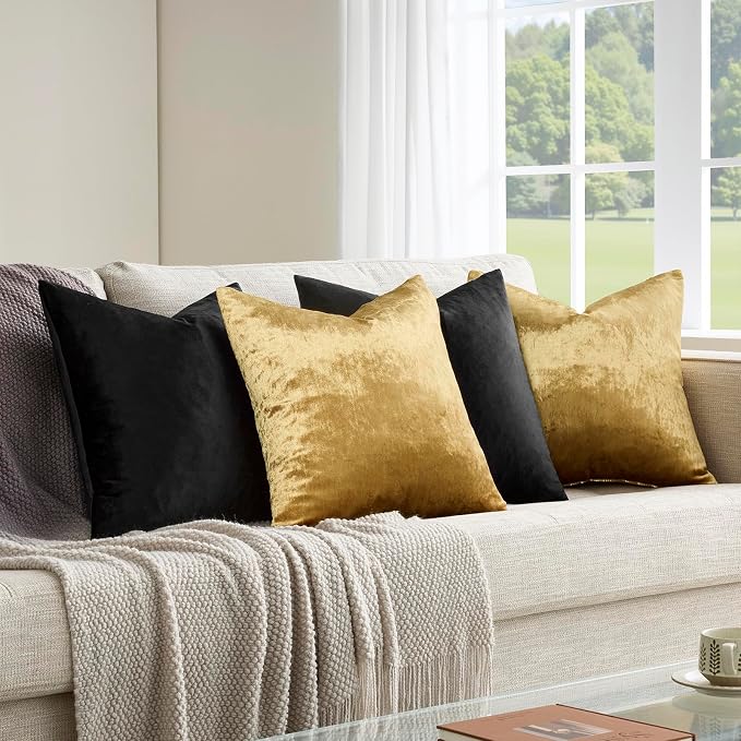 GIGIZAZA Pack of 4 Decorative Velvet Pillow Covers 20x20 Black Gold | Throw Pillows for Couch Sofa,280gsm Soft Textured Fabric,Modern Accent Pillowcases,Luxury Living Room Cushion Covers