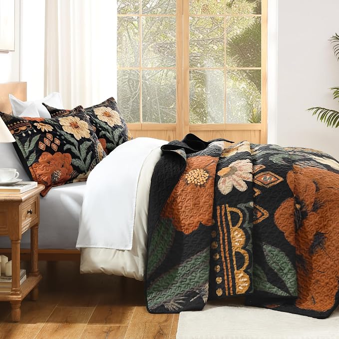 Quilt Queen Size, Black Floral Boho Summer Bedspread 3 Pieces | Brown Flower Botanical Summer Bedspreads with 2 Shams, Reversible Polyester Coverlet Set for All Seasons, 96"x90"