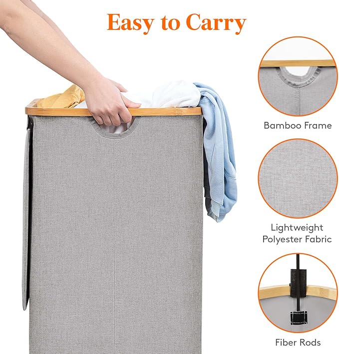Lifewit 120L Laundry Basket with Lid, Clothes Hampers for Laundry with Bamboo Handles and 2 Removable Bag, Large Foldable Laundry Hamper for Bedroom, Bathroom, Dorm, Laundry Room, Light Gray