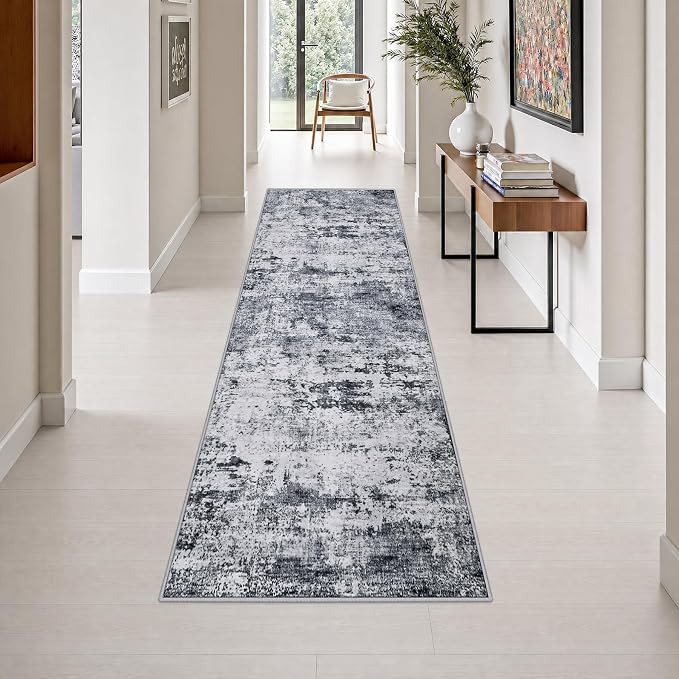 2.6x10 Washable Runner Rug:Modern Abstract Indoor Soft Carpet Grey | For Hallway, Bedroom, Kitchen, Laundry, Bathroom,Door Mat,Modern Abstract,Machine washable,Non-Slip,Stain Resistant,Indoor
