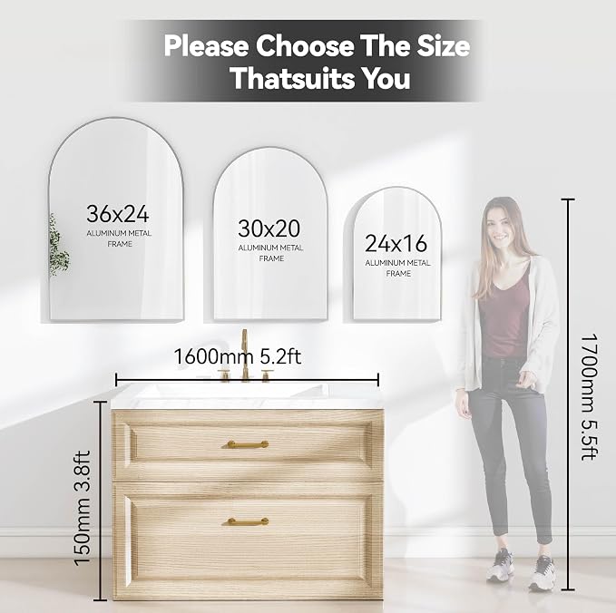 30x20 Bathroom Mirror Arch Wall Mounted/Against Aluminum Frame Silver | HD Crystal Clear No distortion Tempered Glass,Make-Up Vanity Mirrors for Bedroom,Entryway,Bathroom,Living Room