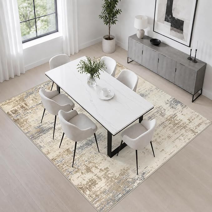 Area Rug Living Room: 5x5 Modern Washable Soft Carpet Beige Brown | For Bedroom Dining Room Farmhouse Nursery Hallway Office,Modern Abstract,Machine washable,Non-Slip,Stain Resistant,Indoor