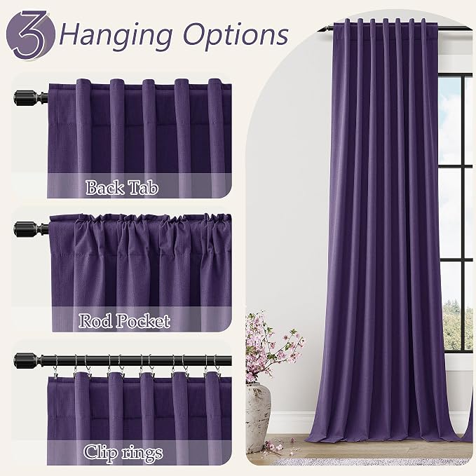 100% Blackout Curtains 84 Inch Length 2 Panels Set for Living Room Bedroom Back Tab Thermal Insulated Black Out Linen Drapes Room Darkening New Purple,52x84