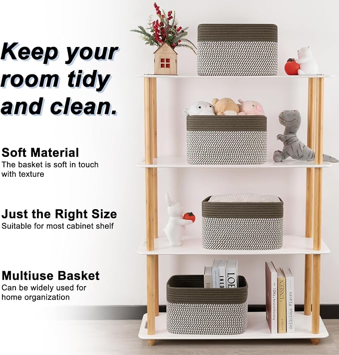 4 Pack Storage Baskets for Organizing, Woven Baskets for Shelves - Perfect for Toys, Books, Towels, and Clothes, Durable Gift Basket Bins Toy Storage, 12.7''Lx9''Wx7.8''H, Green & White