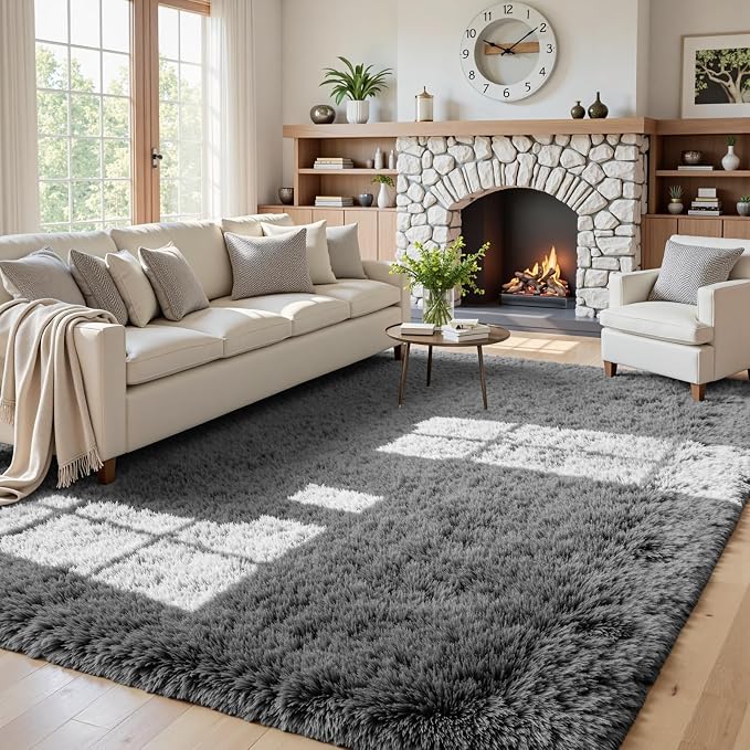 5x8 Fluffy Shag Area Rugs for Living Room Bedroom: Soft Carpet Light Gray | Upgraded Non-Slip Thick Memory Foam, Ultra Soft, Non-Shedding Fuzzy Carpet, Easy Clean Decor for Kids Room, Nursery, Playroom