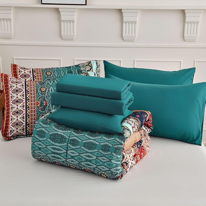 Cottolester Boho King Size Comforter Set 8 Pieces,Green and Brown Bohemian Striped Bed in a Bag,Floral Soft Microfiber Bedding Comforter Set