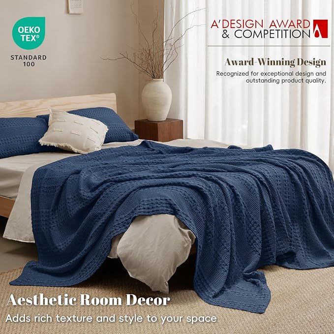 PHF Lightweight 100% Cotton Waffle Blanket for Bed, Queen, Blue Sapphire | Pre-Washed Soft Cotton Comfort, Breathable Layering Warmth for Fall & Winter, Bed, Sofa, Couch, Home Decor & Gifts