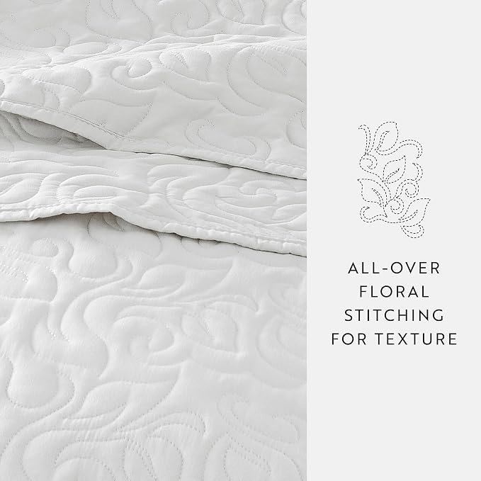 Merit Linens Modern Quilt Coverlet Soft Set in Floral Stitching - Full/Queen White