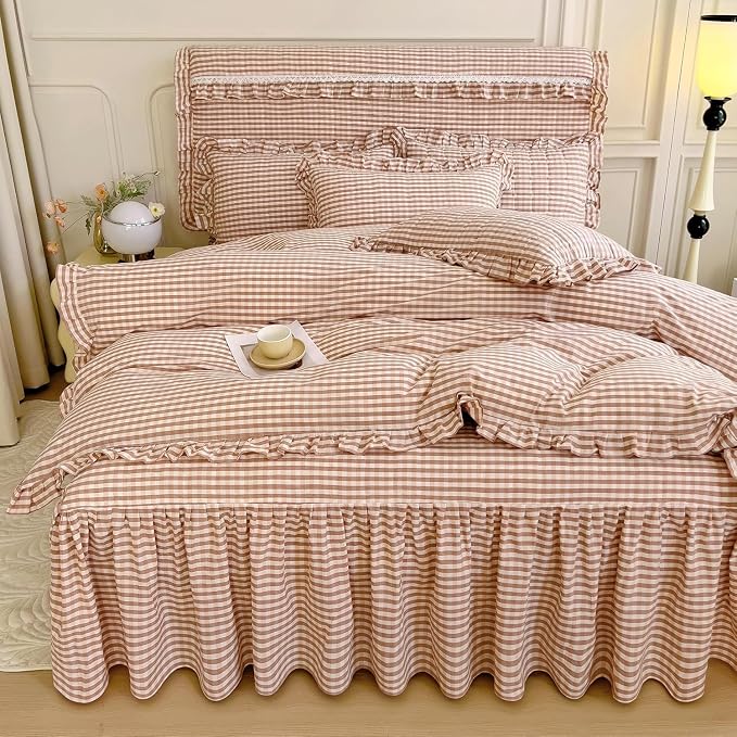 LifeTB Queen Comforter Set Pink Gingham Comforter Vintage Ruffle Blush Plaid Comforter Set 3 Pieces Checkered Grid Bed Comforter with 2 Pillowcases Fluffy Soft Gingham Bedding Set Queen Size