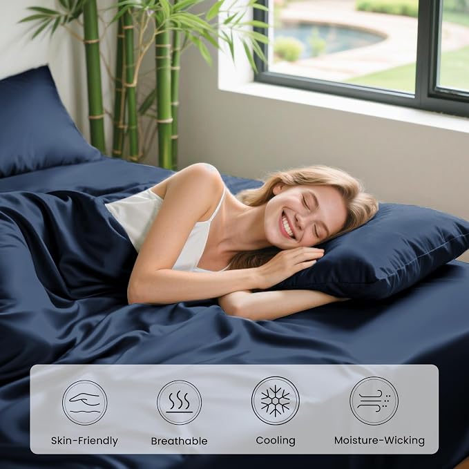 Love's cabin 4 Piece Full Size Sheet Set, 100% Rayon Derived from Bamboo, Cooling & Breathable, Soft Silky Deep Pocket up to 16", Hotel Luxury Bedding for Hot Sleepers, Navy