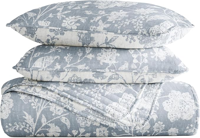 Merit Linens 3 Piece Quilt Set - Super Soft - Lightweight - All Season Quilted Coverlet - Floral Patterns - King/Cal-King Light Blue