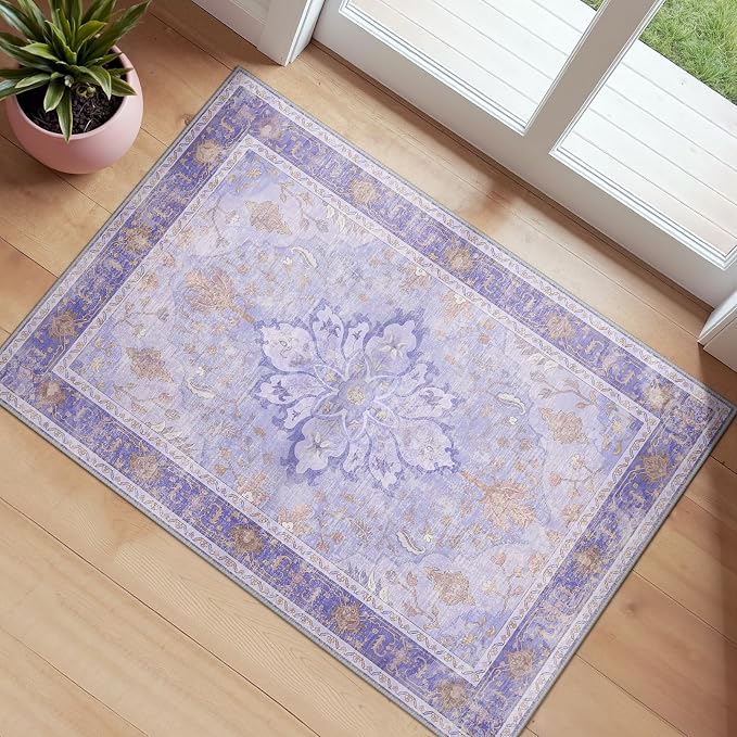 RELEANY Washable Area Rug, Small 2'x3', Purple | Non-Slip, Water Repellent, Pet Friendly, Easy to Clean, Vintage Floral Boho Decor for Kitchen Entryway Bathroom