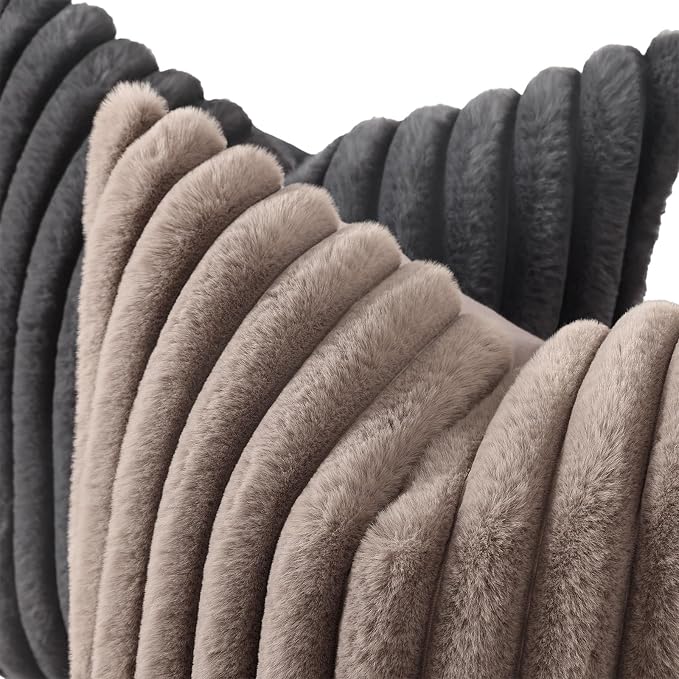 decorUhome Fall Faux Fur Throw Pillow Covers 20x20 Set of 2 Dark Grey | Decorative Soft Cozy Striped Plush Modern Farmhouse Boho Couch Pillow Cases Velvet Back for Sofa Bed Living Room Home Decor