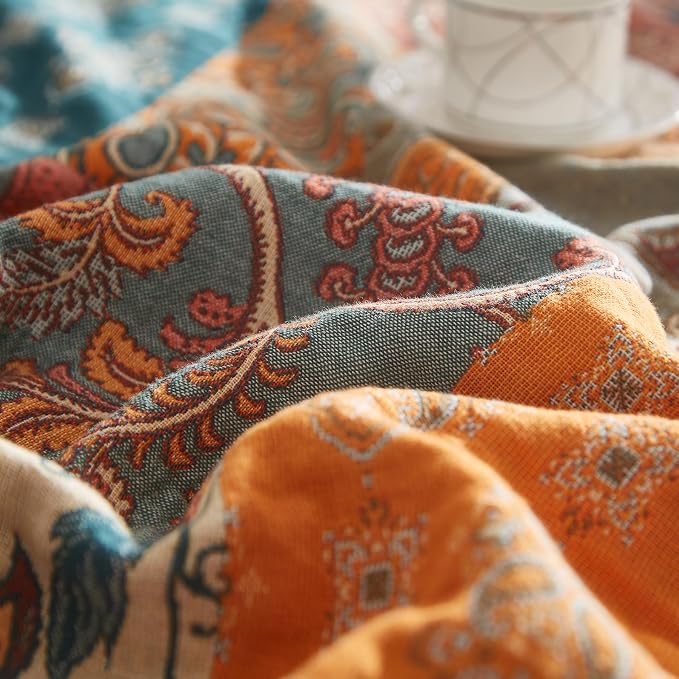 Boho Throw Blanket for Couch Sofa Bed, 100% Cotton Woven Quilt with Tassel 80”x90”, Super Soft Muslin Blanket with Floral Printed, Decorative Reversible Bed Blanket/Cover for All Seasons