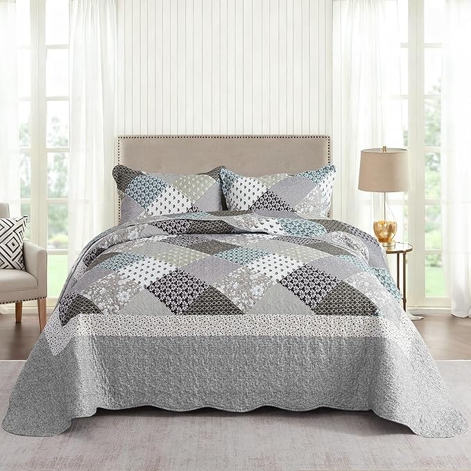 Quilt Set Queen Size, Bedspread Sets Light Grey Square, Reversible Quilt Bedding Set Lightweight and Breathable for All Seasons, Soft Quilted Bedspread with 2 Pillow Shams