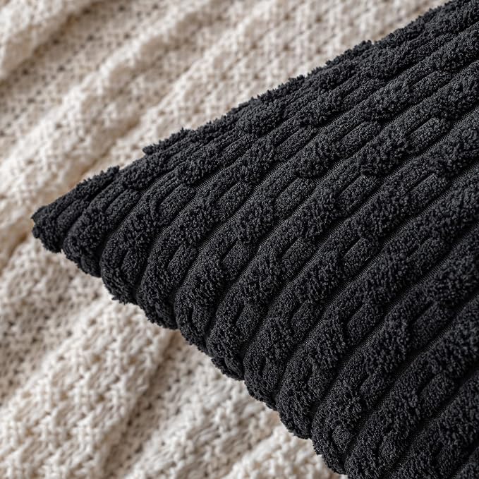 MIULEE Decorative Throw Pillow Covers 20x20 Black Textured Corduroy | Pack of 2 Striped Pillow Covers Modern Farmhouse Home Decor for Couch Bed Sofa Living Room