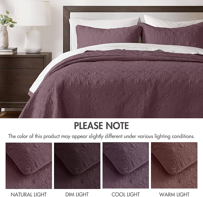 Madison Park Luxurious Cotton Damask Quilt Set, 3PC Full/Queen Bed Set | All Season, Lightweight Stitching Coverlet Bedspread Bedding Stitching with Shams, Purple
