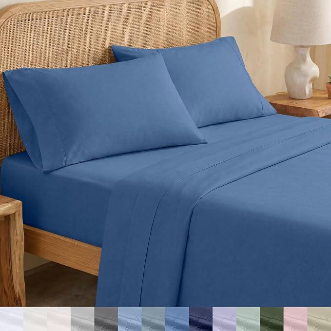 California Design Den 100% Organic Cotton Deep Pocket King Sheet Set, 4 Pcs | GOTS Certified, Lightweight Crisp & Airy Percale For Hot Sleepers, 15" Deep Pocket, Durable, Easy Care - Riviera Blue
