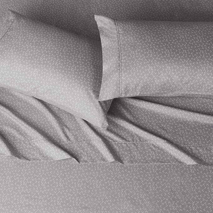 Amazon Basics Lightweight Wrinkle Free Breathable Microfiber 4 Piece Bed Sheet Set with 14-Inch Deep Pockets - Queen, Grey Arrows, Printed