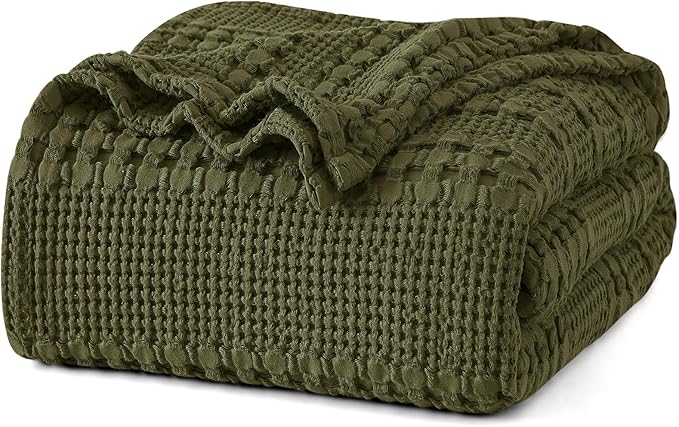 PHF Lightweight 100% Cotton Waffle Blanket for Bed, Queen, Capulet Olive | Pre-Washed Soft Cotton Comfort, Breathable Layering Warmth for Fall & Winter, Bed, Sofa, Couch, Home Decor & Gifts