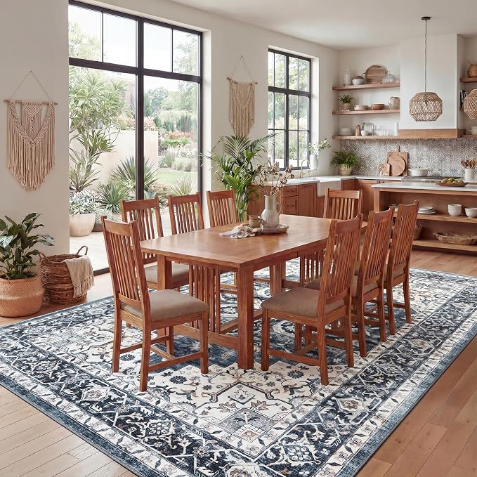 AMADA HOMEFURNISHING 9x12 Washable Area Rug, Low-Profile Large Area Rug with Non-Slip Backing & Durable Edge Binding, Vintage Large Rugs for Living Room, Bedroom & Dinning Room