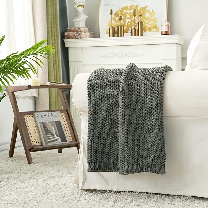 Chunky Cable Knit Throw Blanket Lightweight Grey 100% Organic Cotton Blanket for Sofa Couch Bed Baby Nursery, Rustic Shabby Chic Modern Farmhouse, Gray 60” x 80” Give Laundering Bag