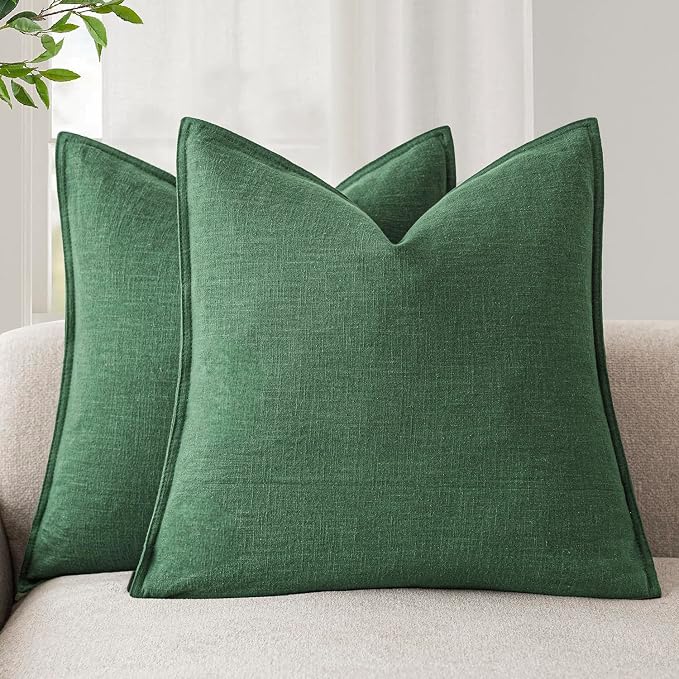 Foindtower Linen Solid Decorative Throw Pillow Covers 20x20 Inch Pine Green | Pack of 2 Boho Farmhouse Pillowcase,Accent Neutral Cushion Covers,Morden Home Decor for Chair Couch Sofa Bedroom Living Room