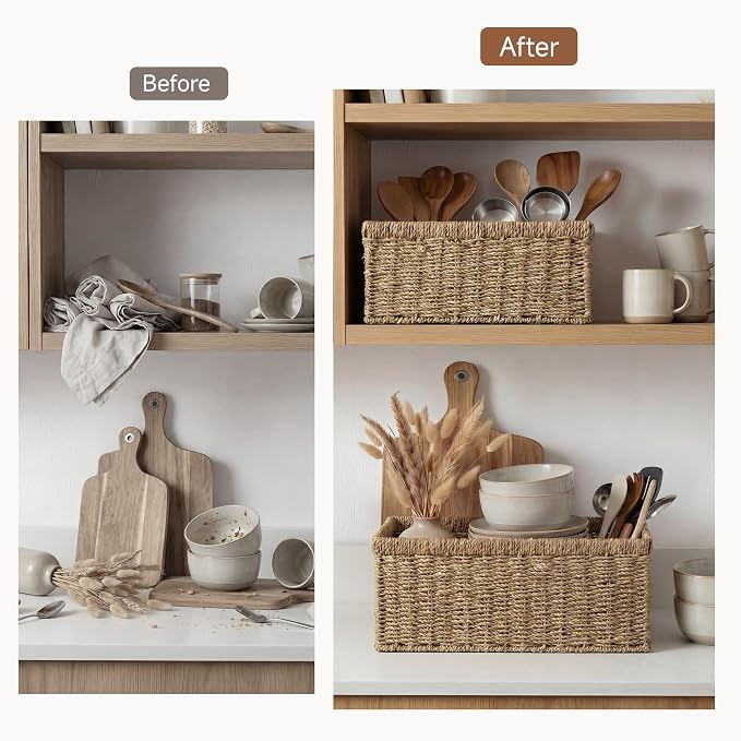 StorageWorks Wicker Storage Baskets,Natural Seagrass Storage Baskets,2-Pack | Seagrass Baskets for Storage, Seagrass Woven Storage Baskets with Built-i Handles, Decorative Woven Baskets for Storage
