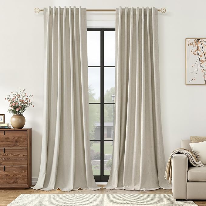 Extra Long 100% Blackout Linen Curtains for Bedroom 102 inches Long, Thermal Insulated Room Darkening Black Out Drapes for Living Room, Back Tab Rod Pocket 2 Panels Set,Eggshell Beige,52x102