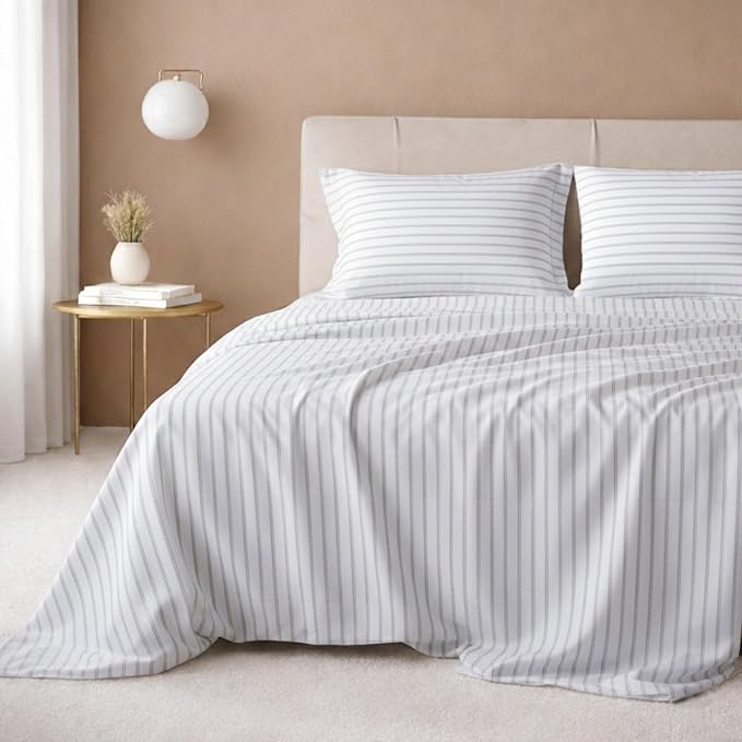 California Design Den Luxury 600 Thread Count Deep Pocket Queen Sheets Set | 100% Cotton Sateen Backed by Good Housekeeping Seal, Soft & Smooth, 16" Deep Pocket - Print - Ticking Stripe