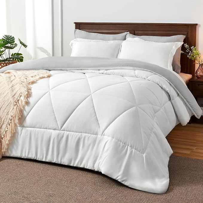 BEDELITE Cal King Comforter Set 7 Pieces, Reversible White Bed in A Bag | Soft All Season Down-Alternative Comforter, Sheets, Pillowcases & Shams, OEKO-TEX Certified Bedding for Bedrrom, Guest Room